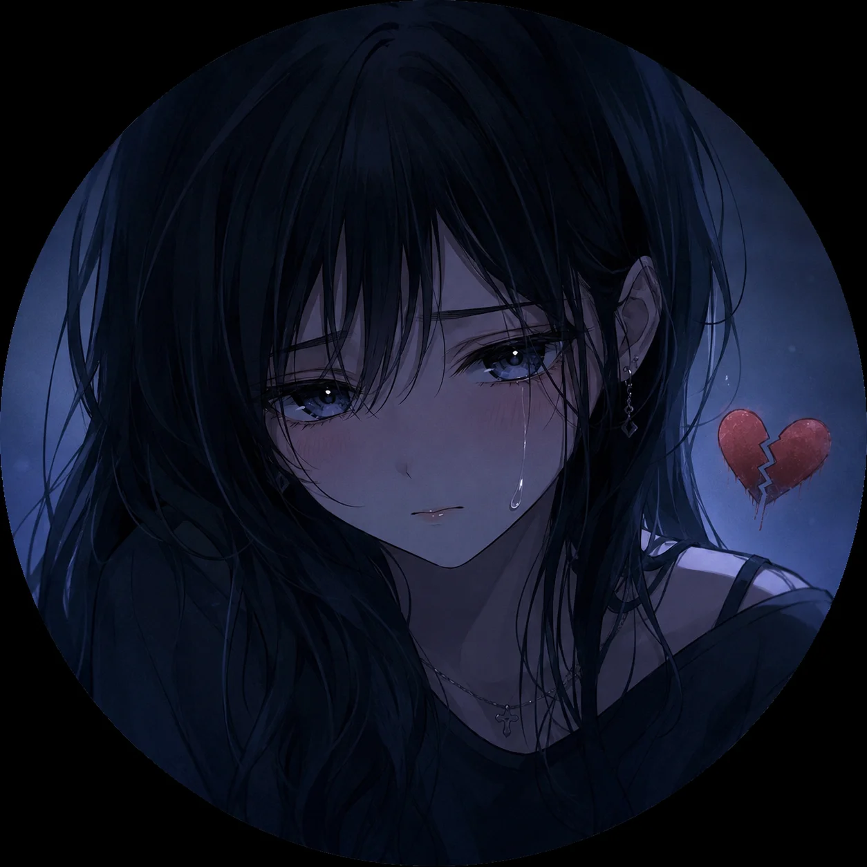 Sad anime girl heart pfp with tears and cracked heart symbol beside her for emo profile pictures (94 characters)