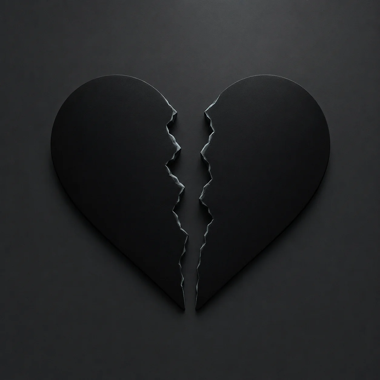 Broken heart pfp cracked down the center in matte black with jagged split for emo aesthetic profiles (98 characters)
