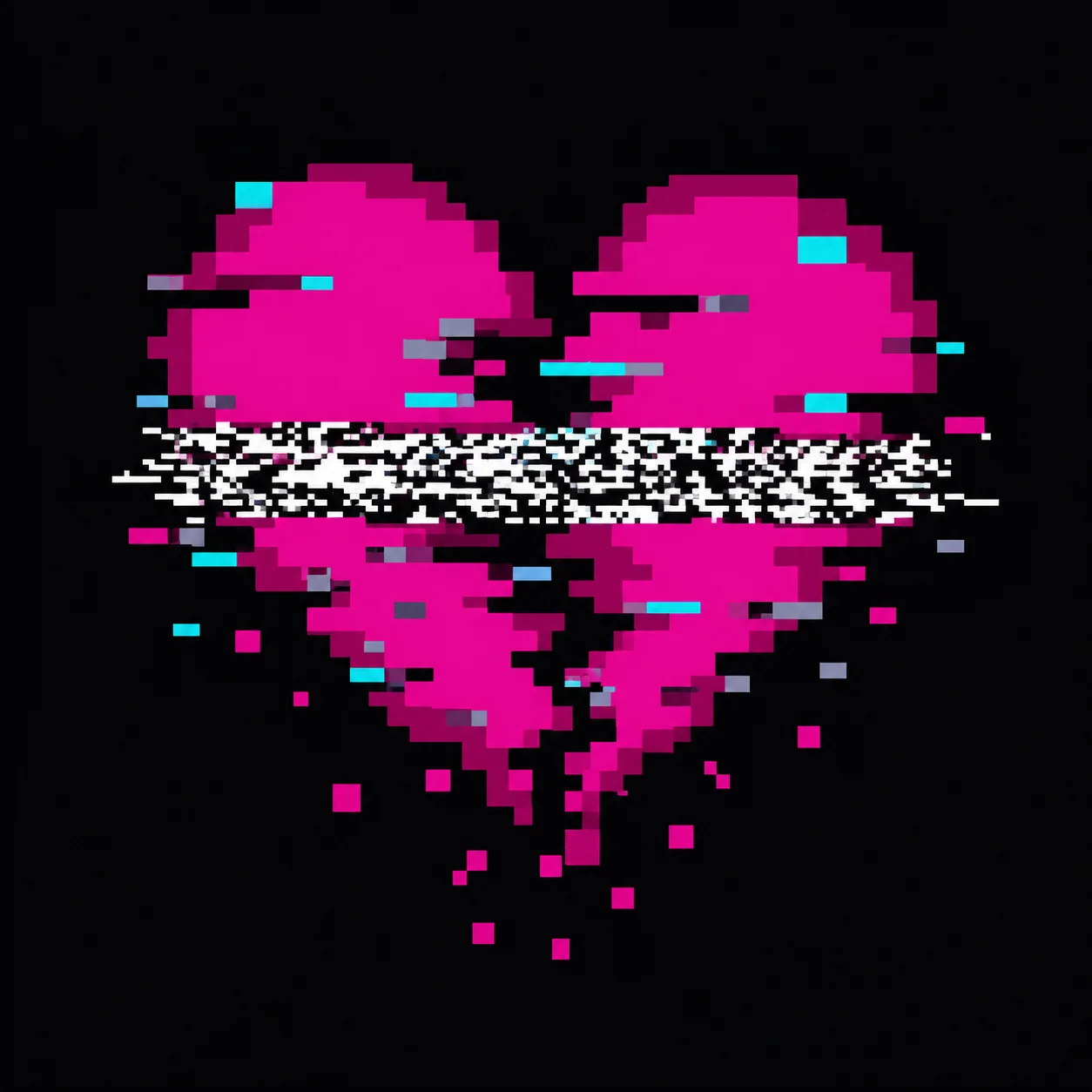 Glitched broken heart pfp with corrupted pixel blocks and error distortion for sad digital aesthetic (98 characters)