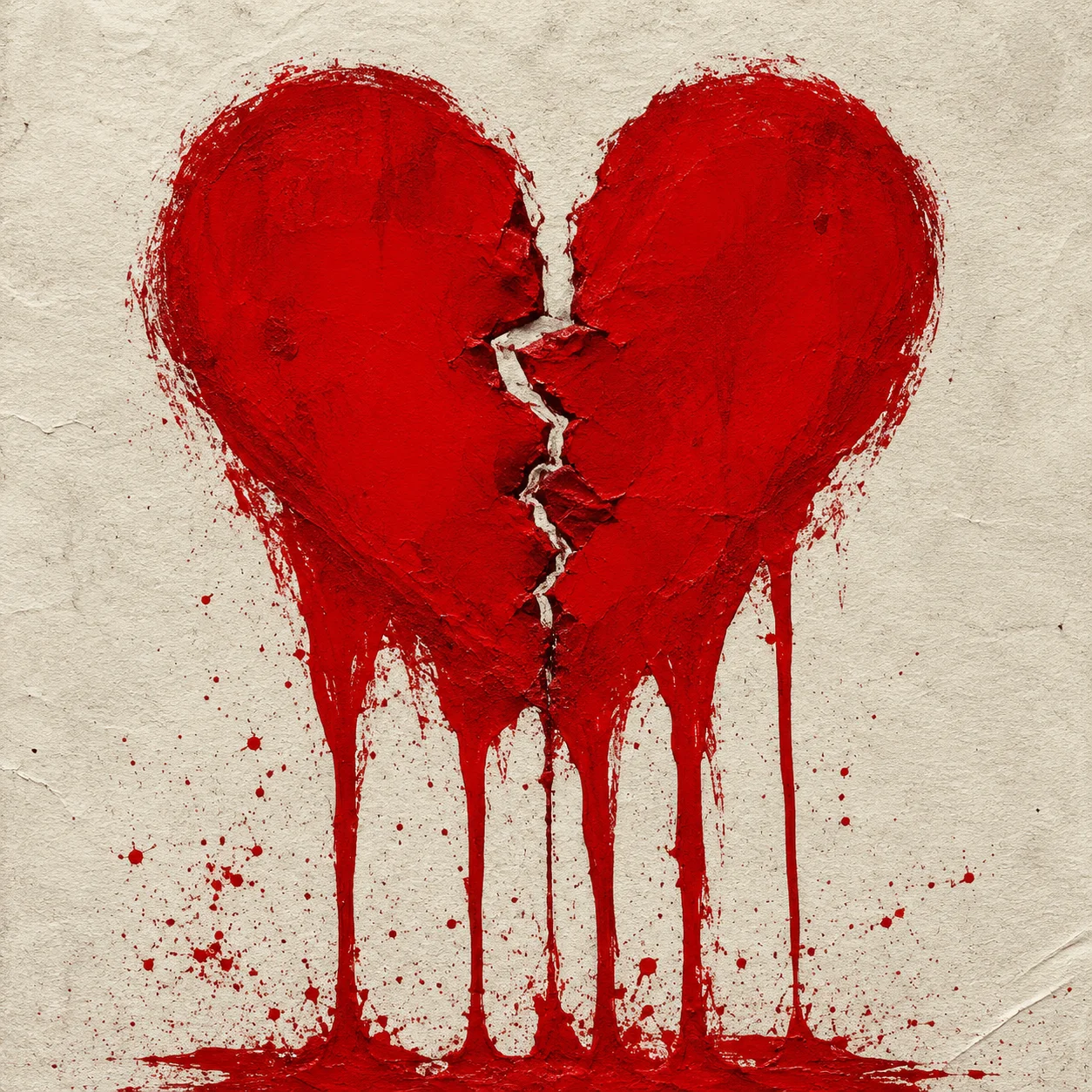 Cracked red heart pfp with paint dripping down from the fracture on off-white grunge paper texture (96 characters)