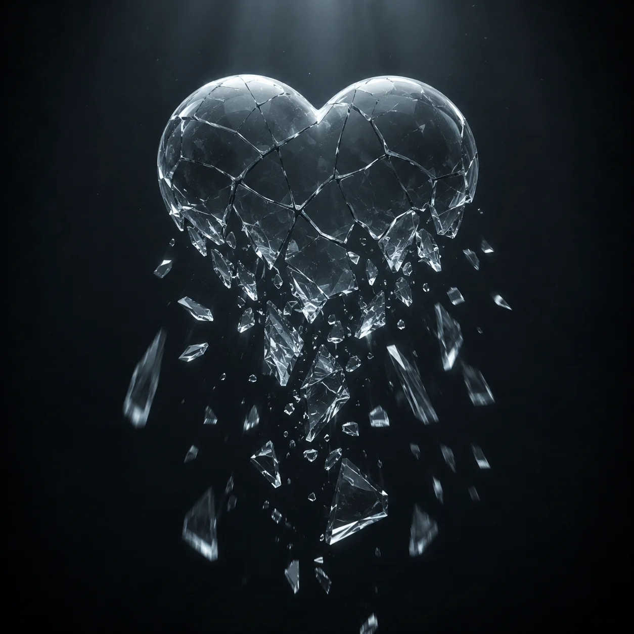 Shattered broken heart profile picture with glass shards falling downward on dark grey background (95 characters)
