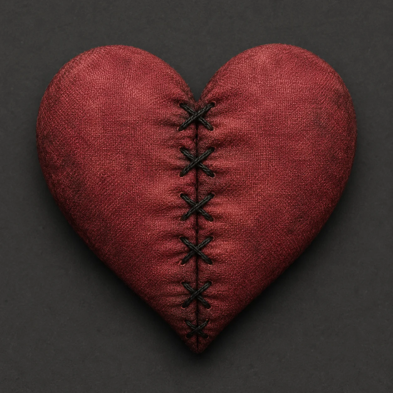 Sad broken heart pfp stitched back together with black thread and visible scar seam for emo avatars (97 characters)