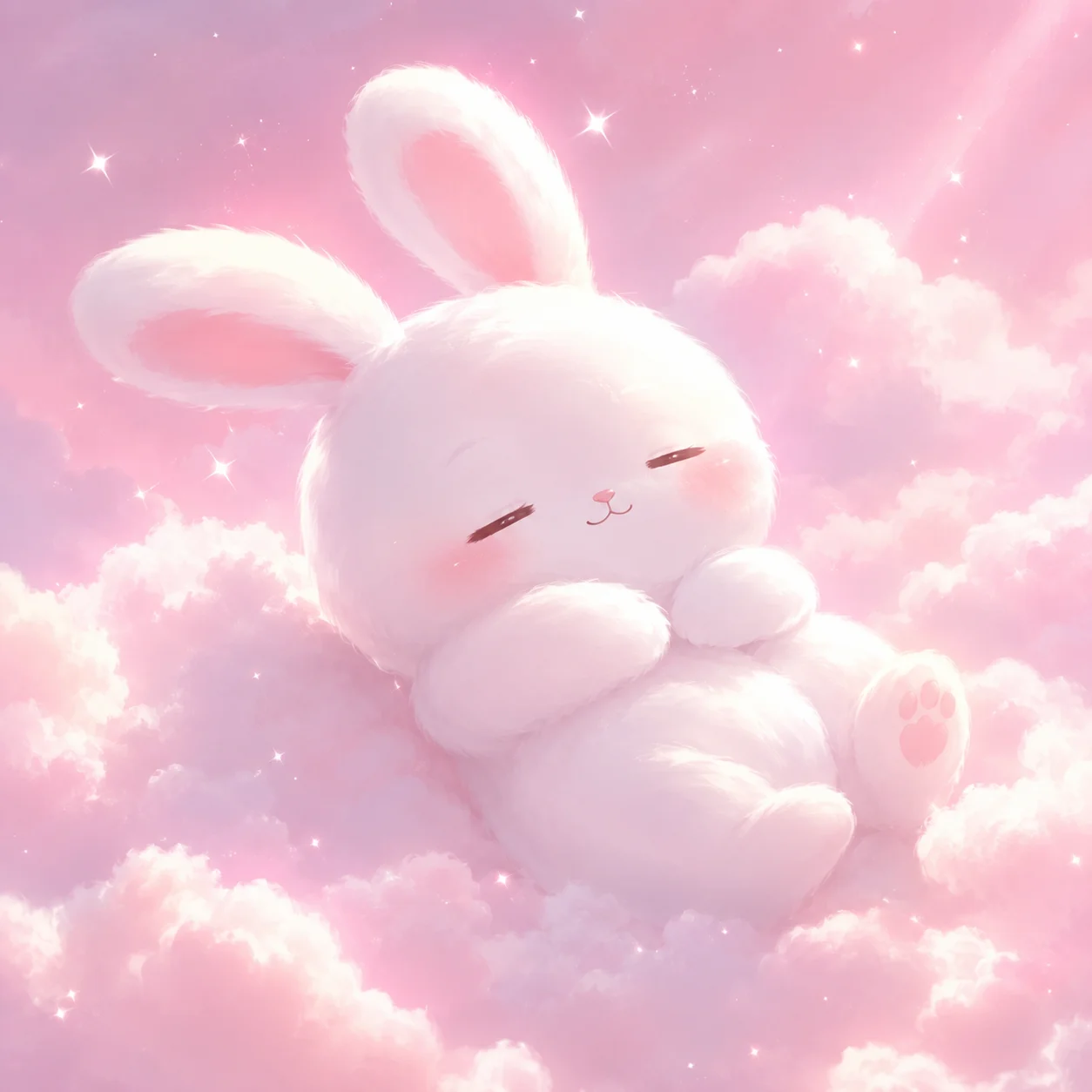 Aesthetic bunny pfp floating among pink clouds in a dreamy pastel sky for soft Instagram profile pictures