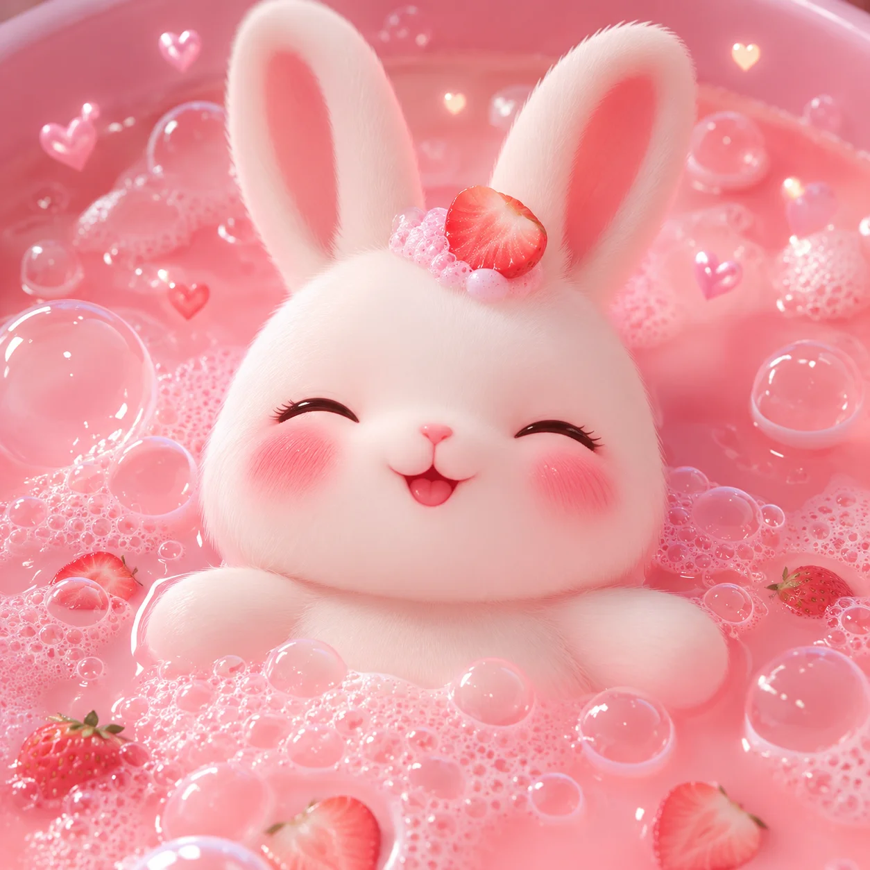 Aesthetic bunny pfp bathing in strawberry milk with pink bubbles for kawaii Discord profile pictures