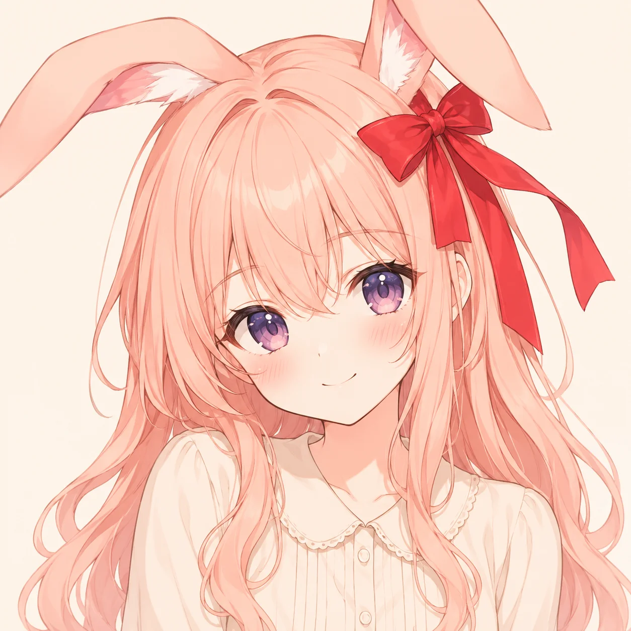 Moe anime bunny girl pfp with a red ribbon and rosy cheeks for kawaii Instagram profile pictures