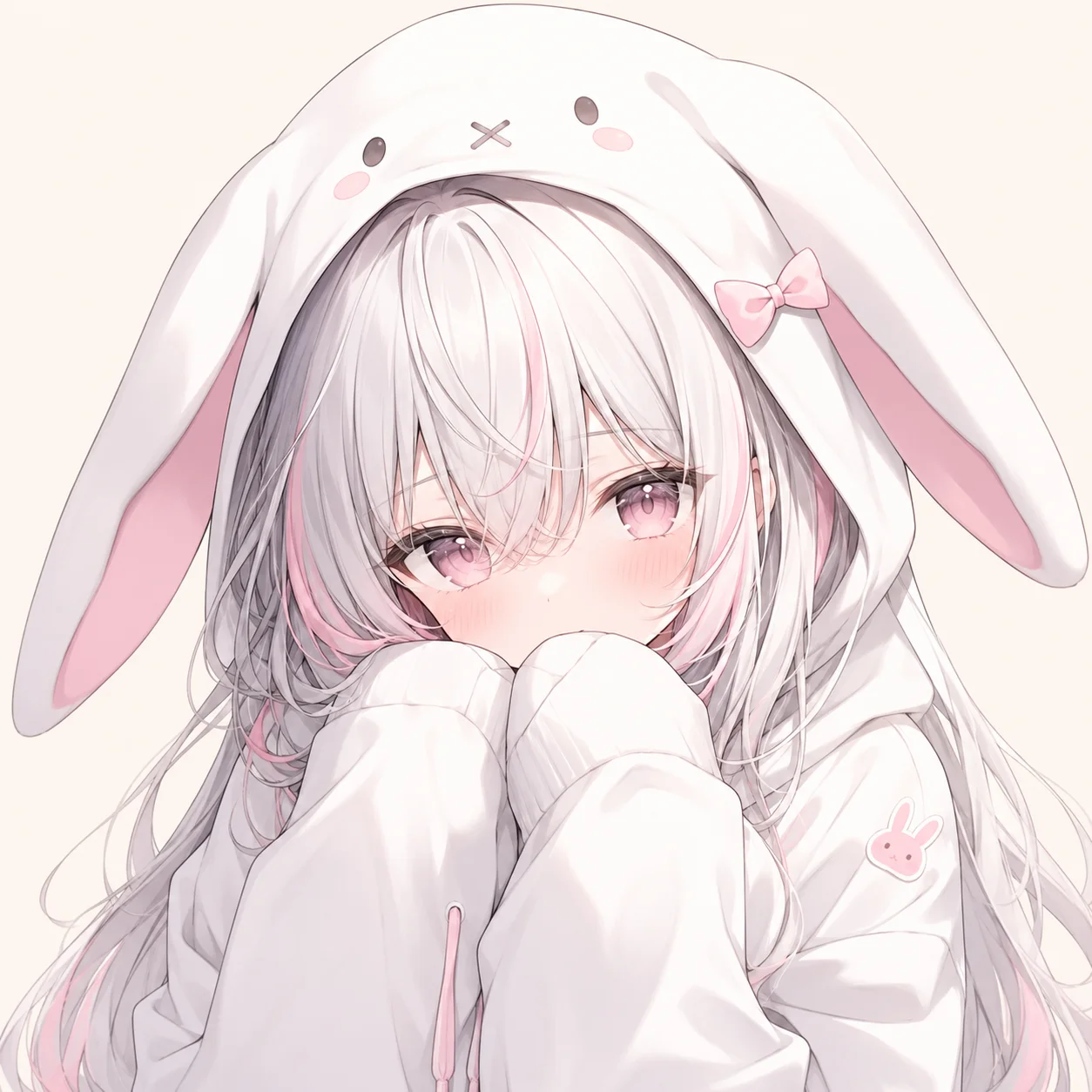 Anime bunny girl pfp wearing an oversized white bunny hoodie for cute TikTok profile pictures