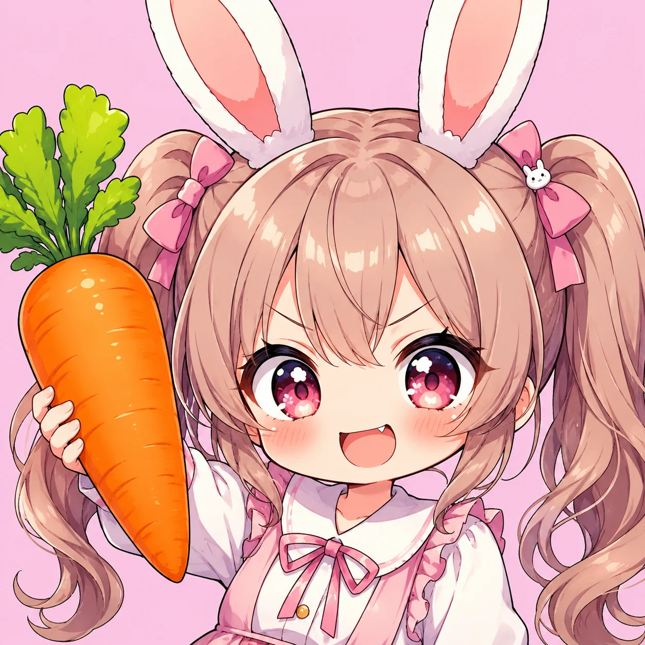 Chibi anime bunny girl pfp holding a giant carrot with a playful expression for Discord profiles