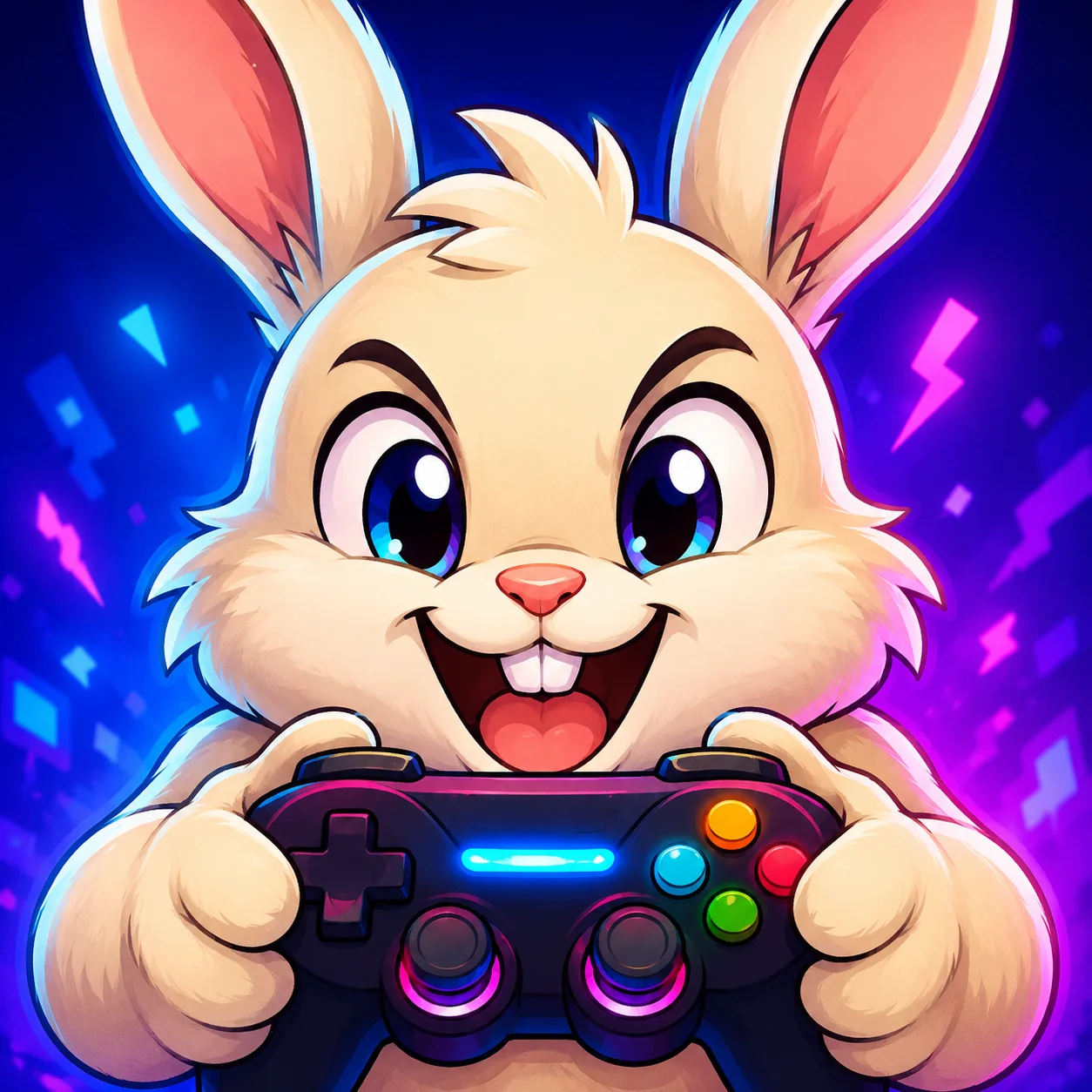 Cartoon bunny pfp holding a gaming controller for playful gaming Discord profile pictures