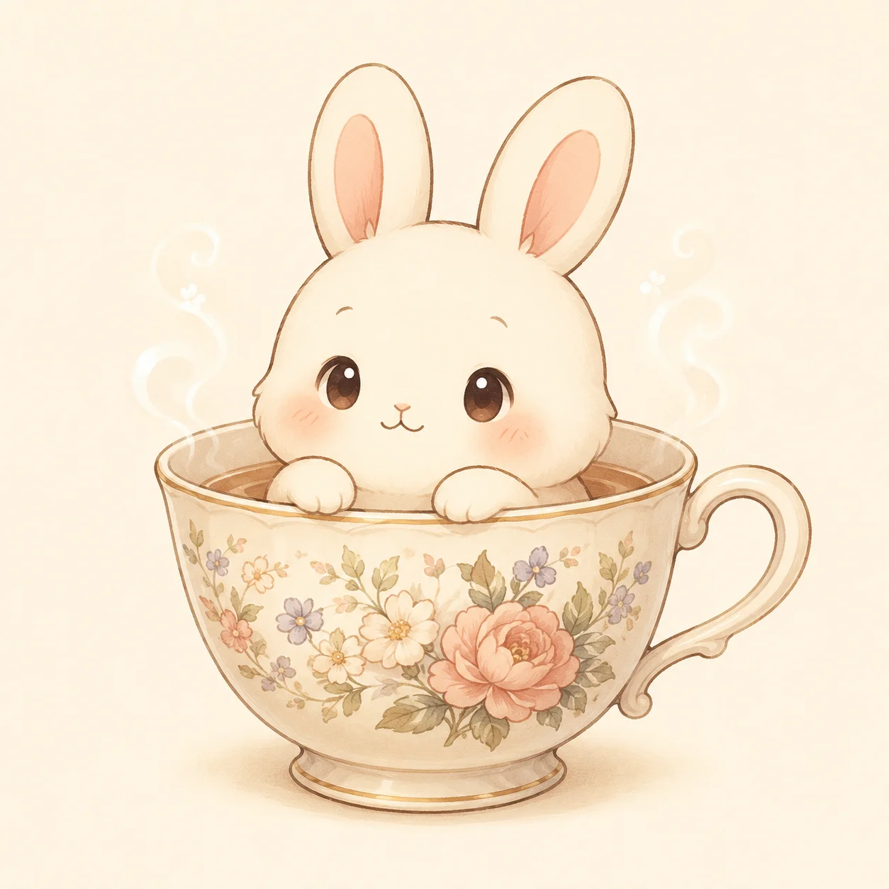 Chibi bunny pfp sitting inside a tea cup with steam for cottagecore Instagram profile pictures