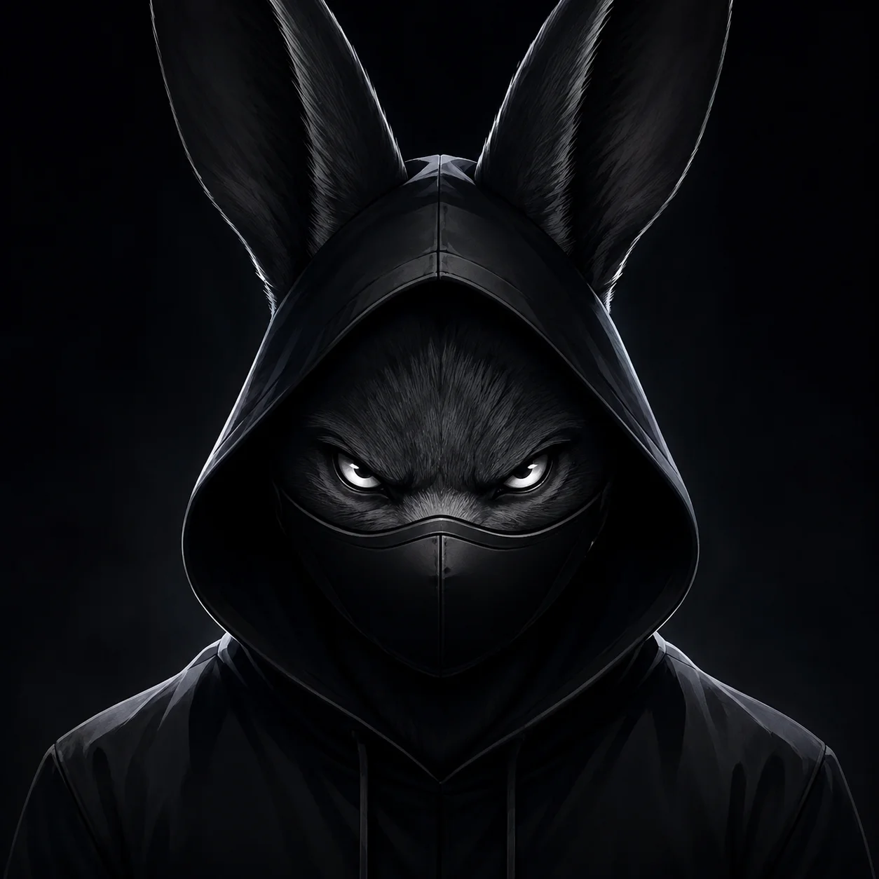 Cool bunny pfp wearing a hoodie and mask with a mysterious vibe for Discord gaming profile pictures