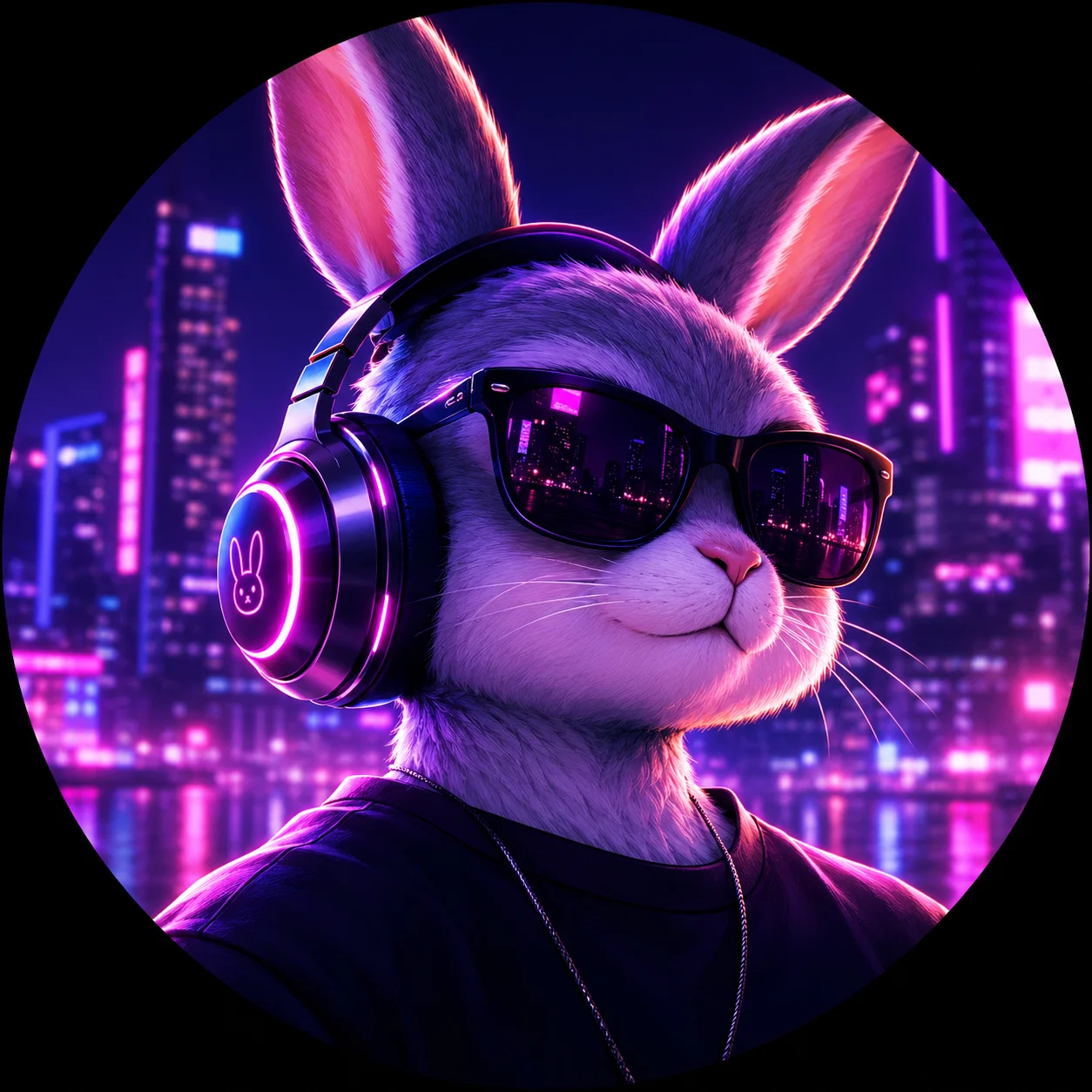 Cool bunny pfp wearing headphones with a neon city background for aesthetic TikTok profile pictures