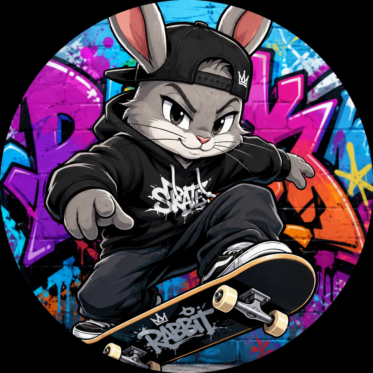 Cool skater bunny pfp in front of a graffiti wall for edgy Discord and TikTok profile pictures