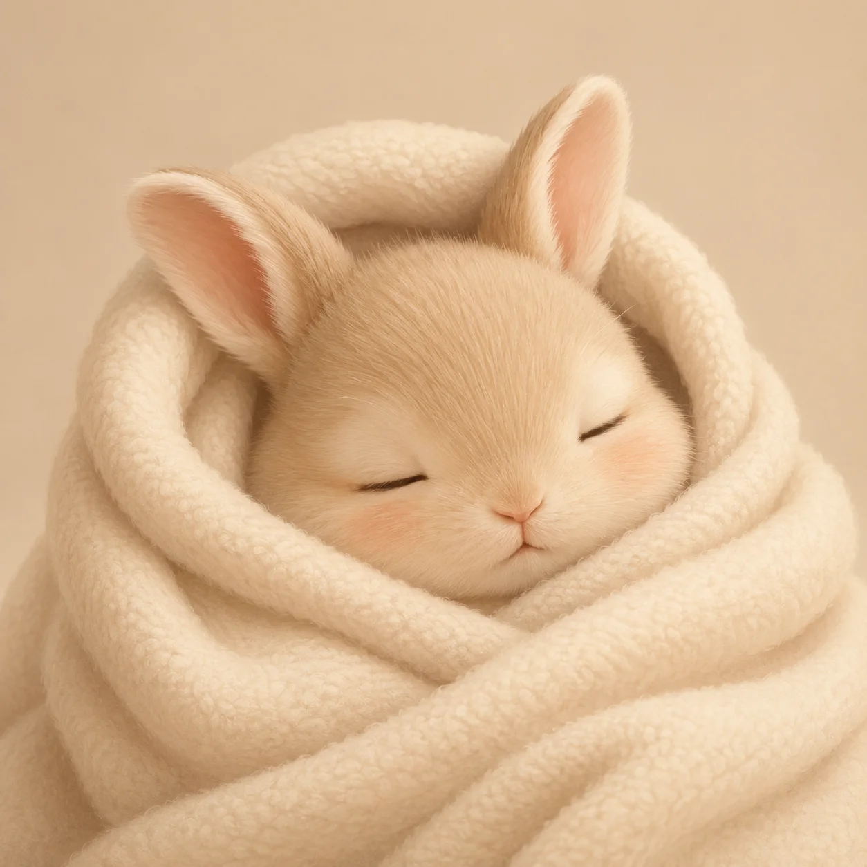 Cute baby bunny pfp wrapped in a cream blanket showing a sleepy expression for cozy Discord profiles