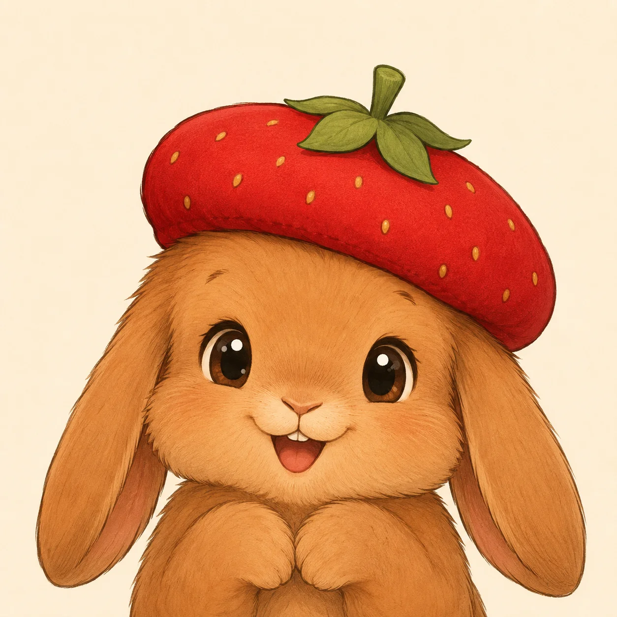 Cute brown bunny pfp wearing a tiny strawberry hat for kawaii TikTok and Instagram profile pictures