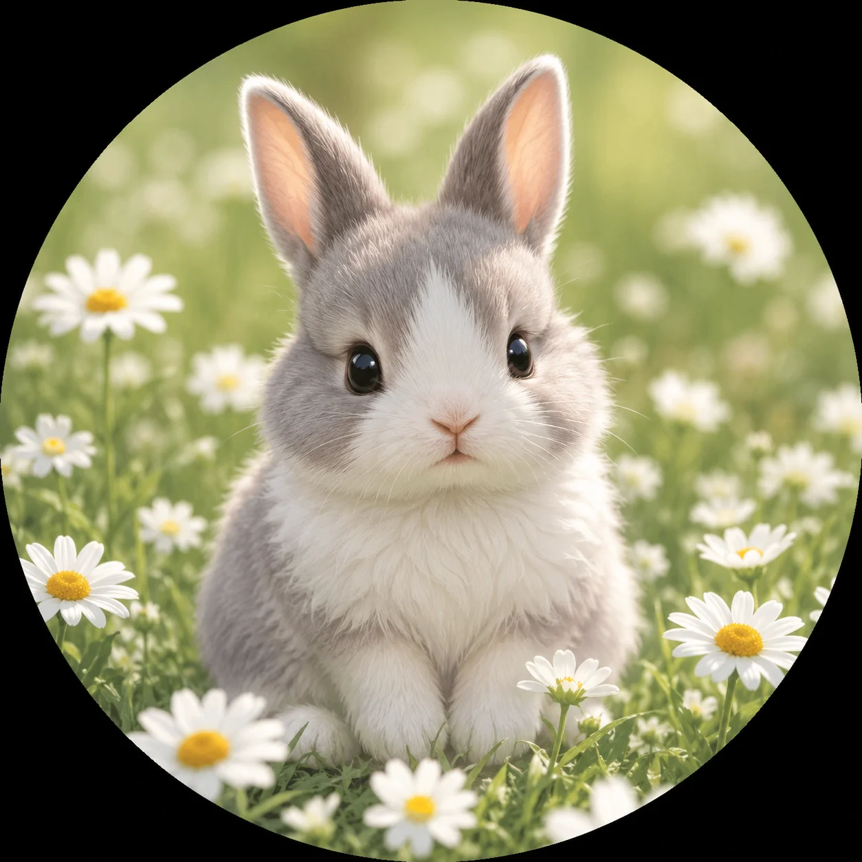 Cute bunny pfp sitting among white daisies in a soft green field for aesthetic Instagram profile pictures