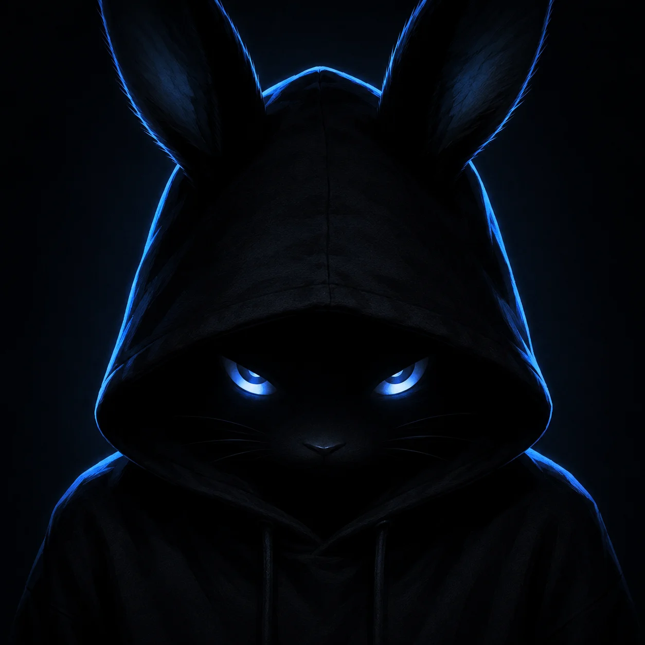 Emo bunny pfp wearing a black hoodie with the hood up for mysterious Discord profile pictures