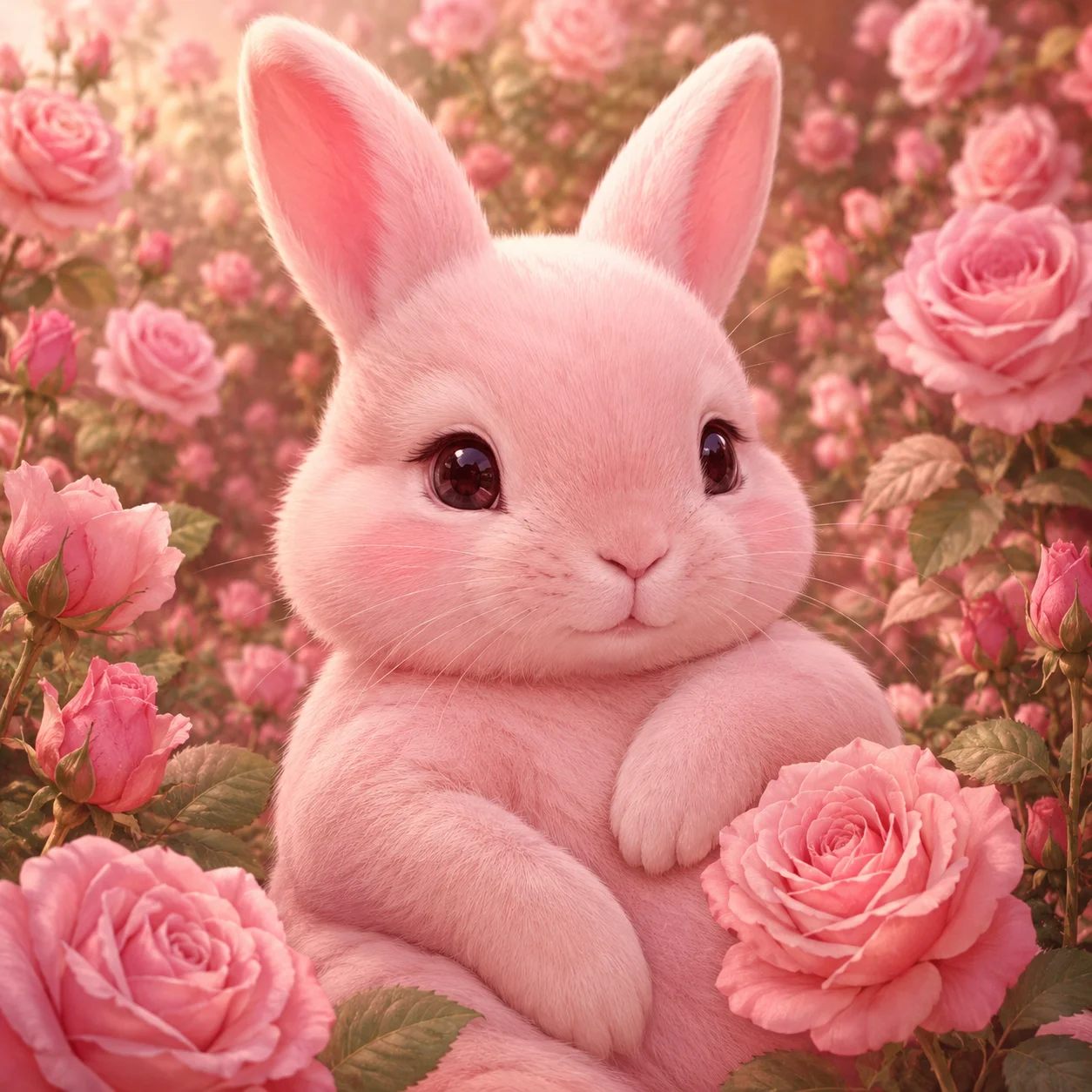 Pink bunny pfp sitting in a rose garden for cottagecore Instagram profile pictures
