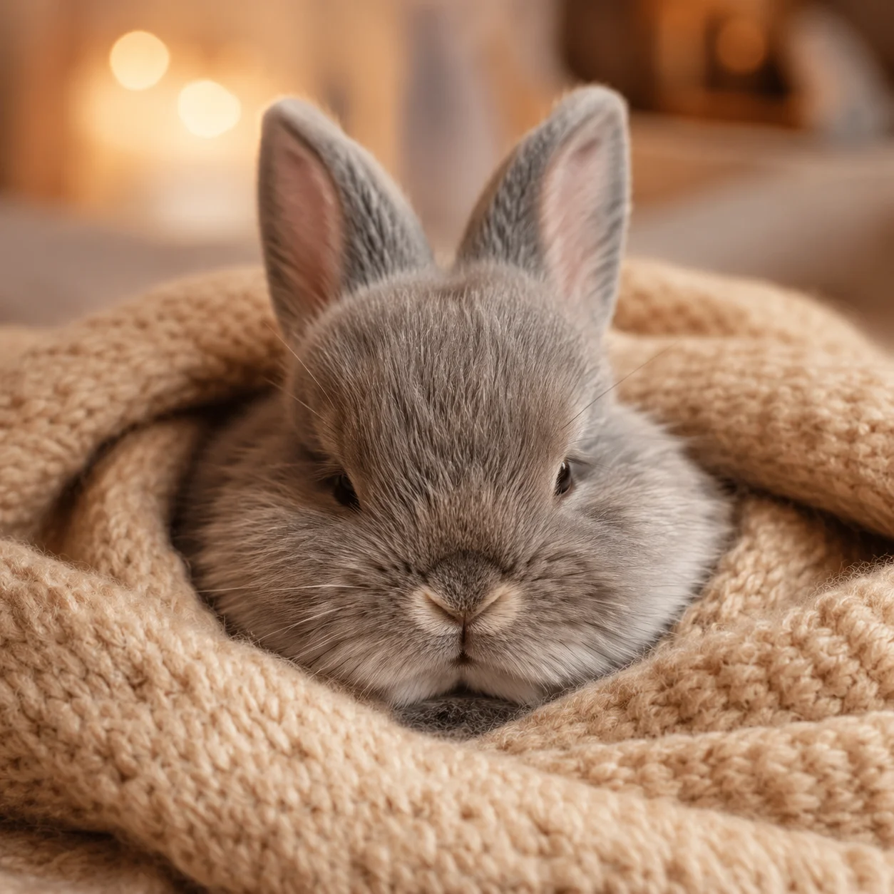 Realistic gray bunny pfp cozied up in a beige blanket for cozy Discord profile pictures