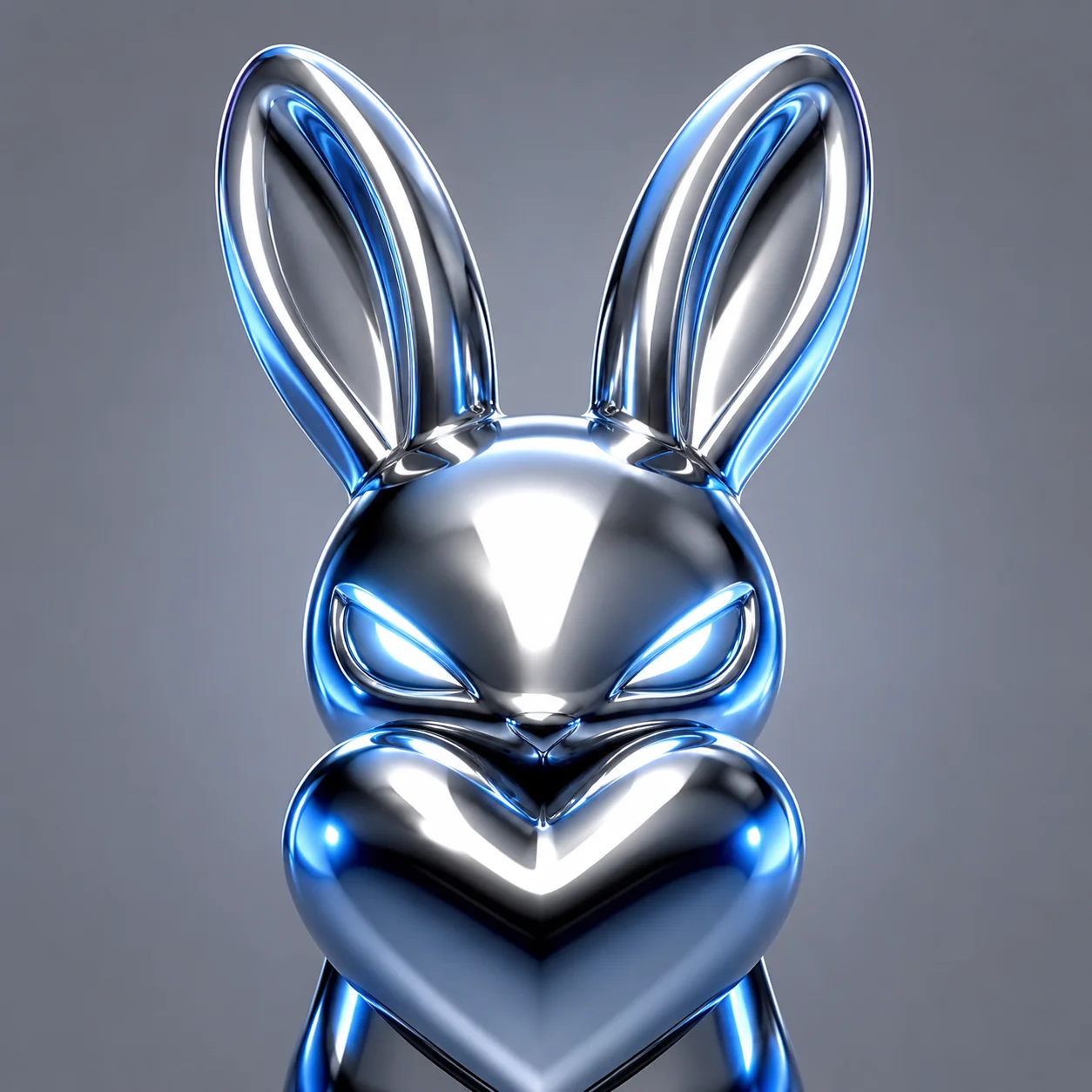 Y2K cyber 3D bunny pfp shaped like a shiny metal heart for futuristic Instagram profile pictures