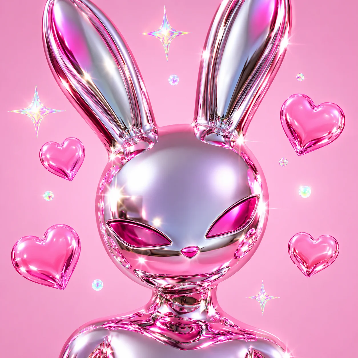 Y2K cyber bunny pfp with chrome pink hearts and holographic shine for aesthetic TikTok profile pictures