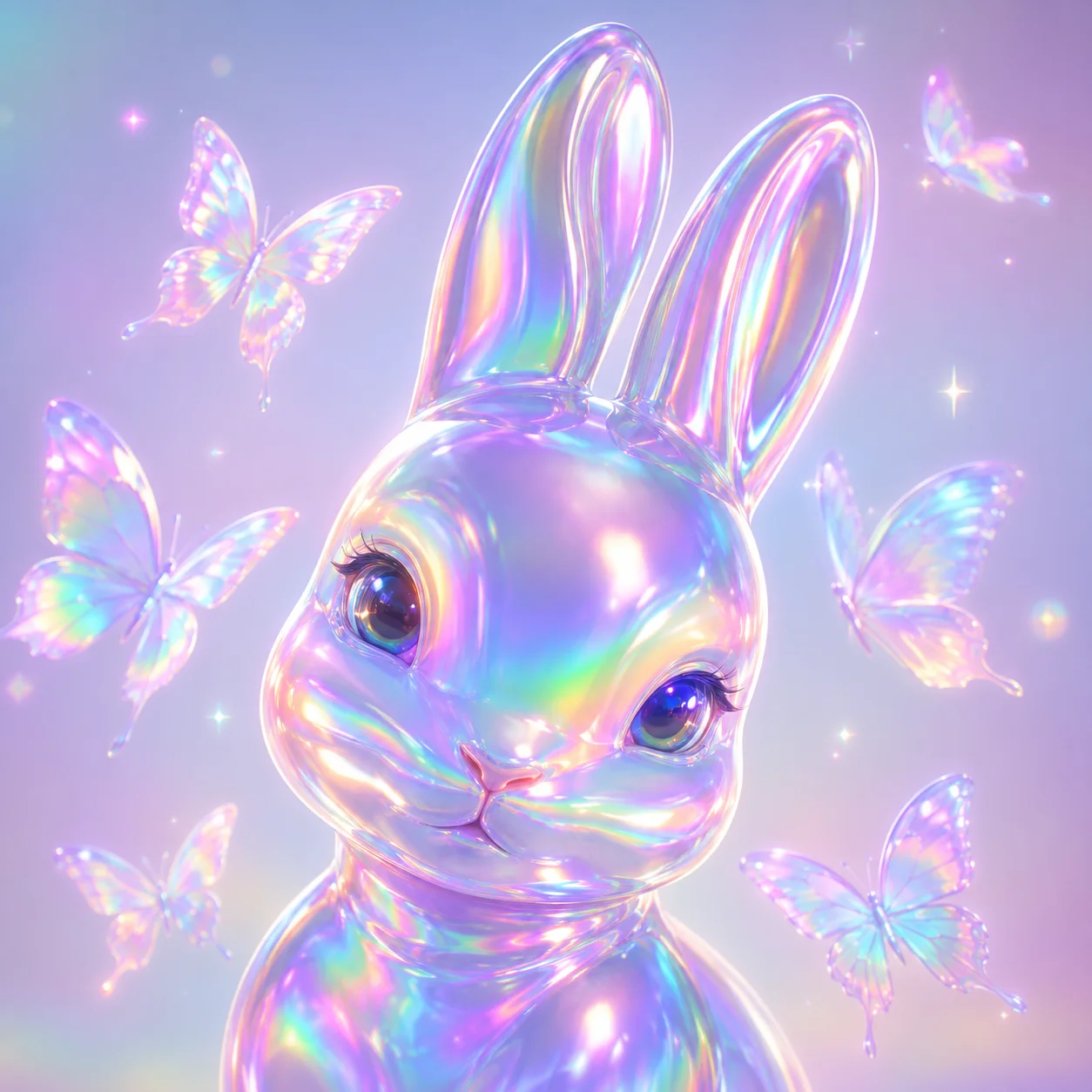 Y2K cyber holographic bunny pfp with butterflies and rainbow shine for aesthetic TikTok profile pictures