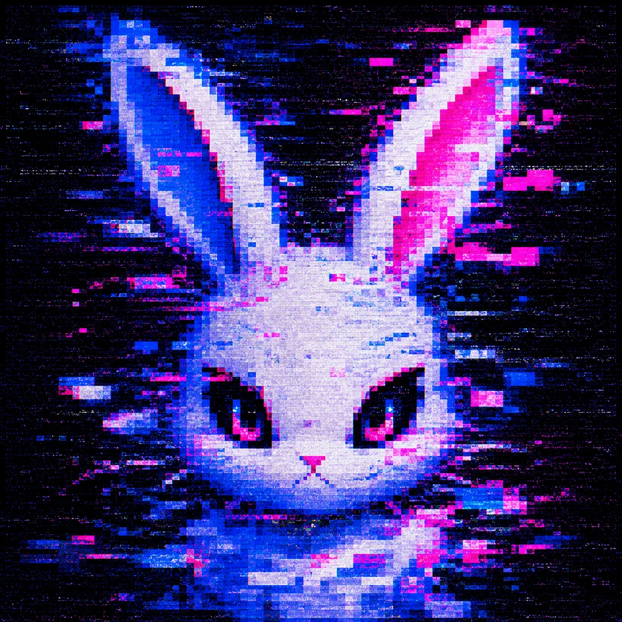 Y2K cyber bunny pfp with blue pixel glitch effects for edgy Discord profile pictures