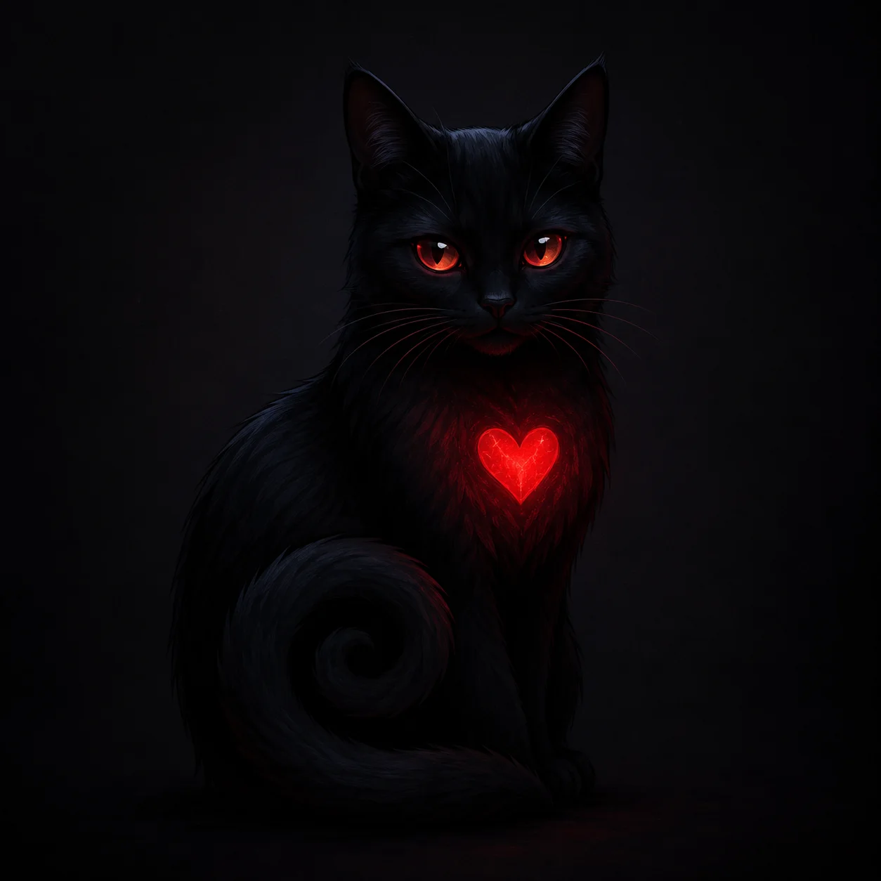 Black cat heart pfp with glowing red heart on dark background for moody witchy aesthetic profiles (95 characters)