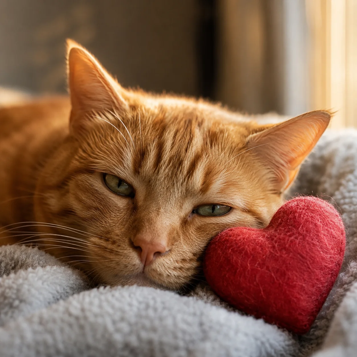Photographic orange tabby cat heart pfp resting chin beside a small red plush heart toy (85 characters)