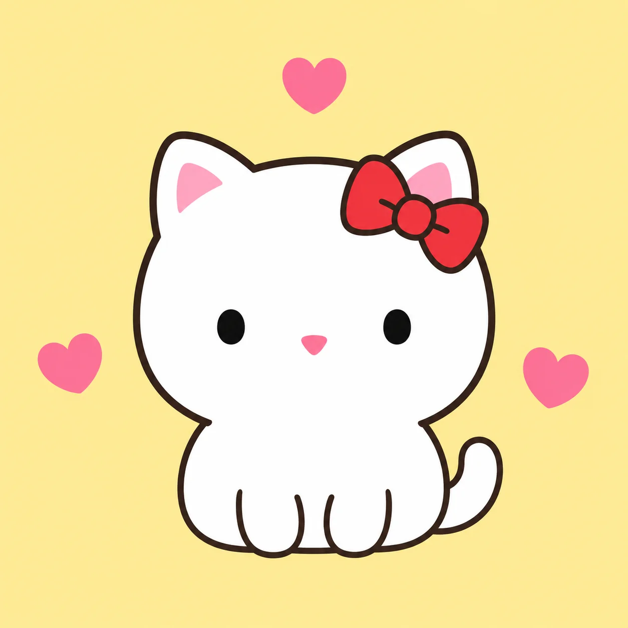Sanrio style cat heart pfp with red bow and small pink hearts on pale yellow for kawaii avatars (93 characters)