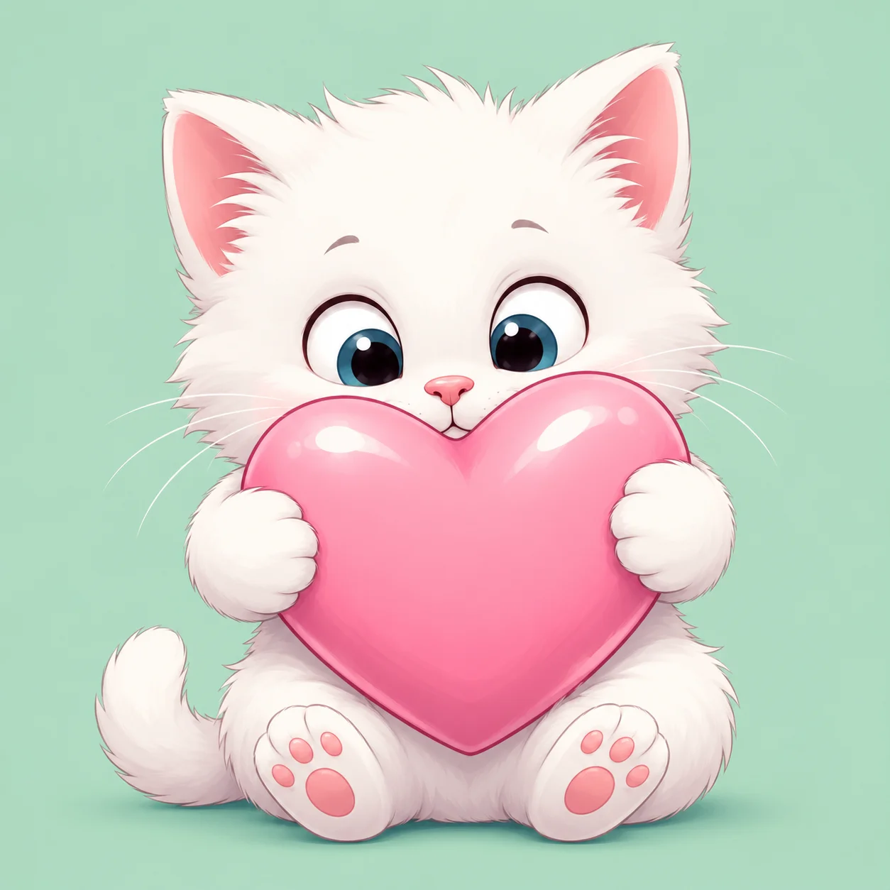 Cute cat heart pfp with white kitten holding a pink heart in its paws for wholesome Discord avatars (97 characters)