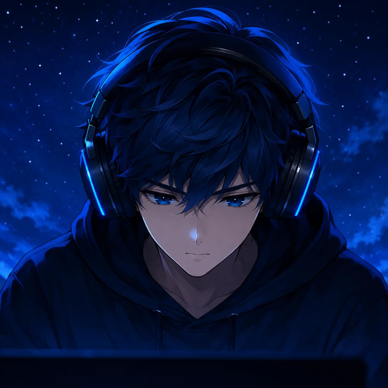 Cool blue anime boy pfp with headphones and night sky tones for TikTok, Discord, and music-themed avatars