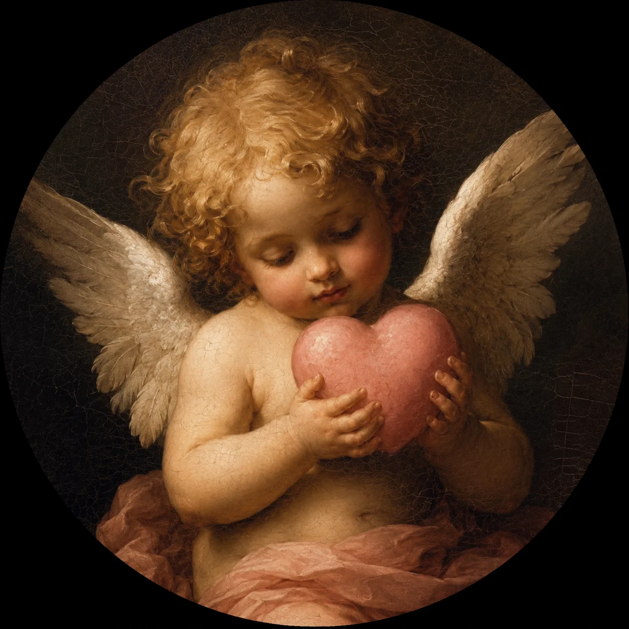 Cherub heart pfp with baby angel wings and pink heart in soft renaissance painting style for romantic avatars (107 characters)
