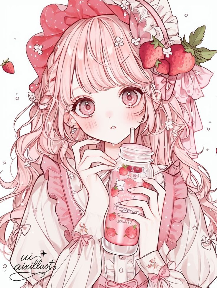 Pastel anime coquette girl pfp with strawberry pink tones for TikTok and Pinterest profiles