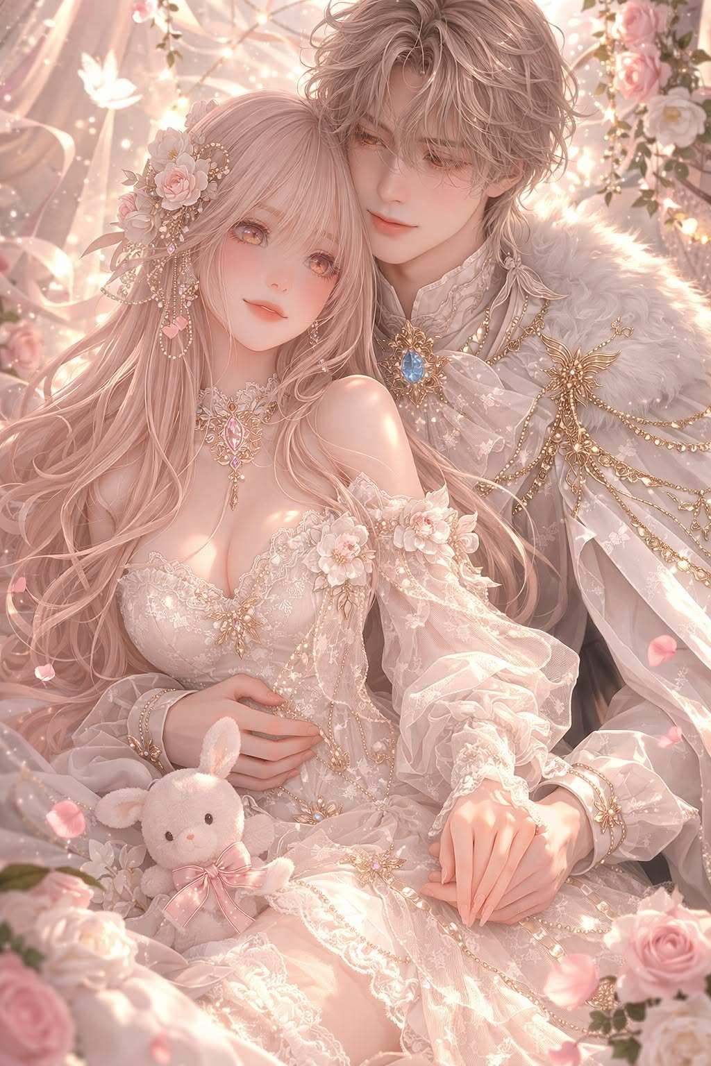 Dreamy bunny coquette pfp with lace and pearl accents for aesthetic Discord avatars