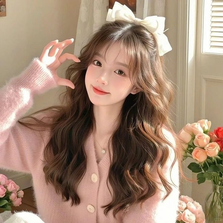 Soft coquette girl pfp with ribbon glow and bangs for dreamy Instagram profile aesthetics
