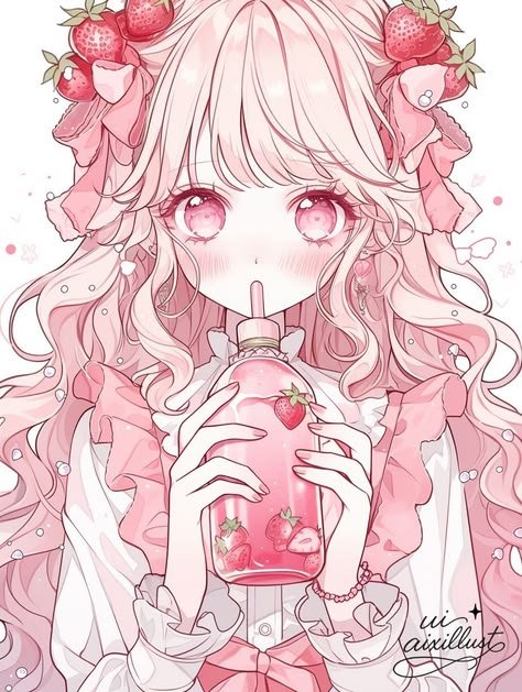 Strawberry pink coquette girl pfp with heart detail for cute TikTok and gaming avatars