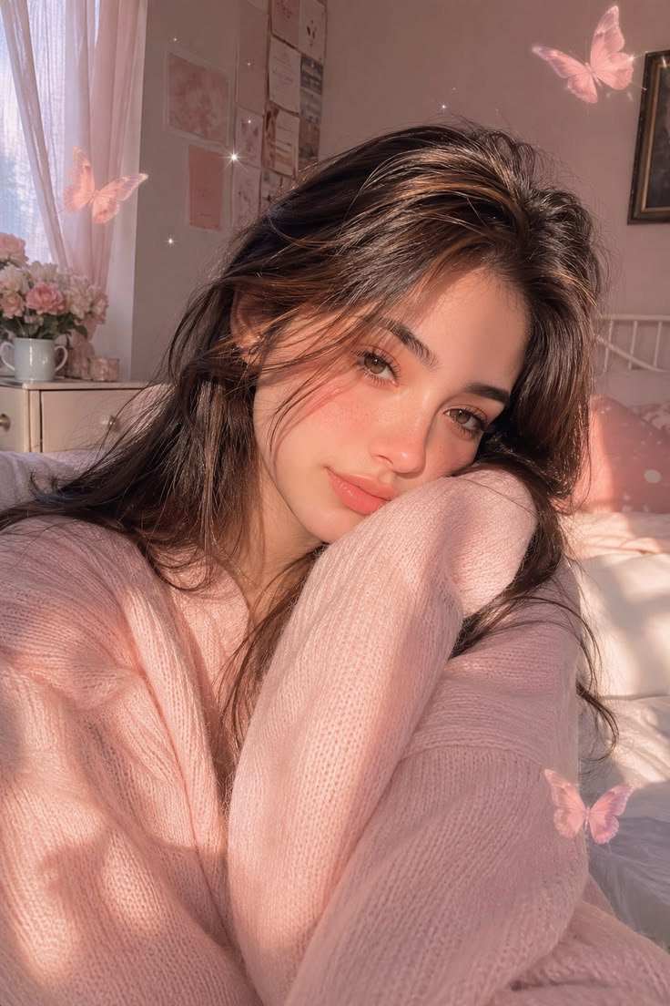 Pastel rose coquette pfp with dreamy eyes and heart details for cute TikTok and Instagram avatars