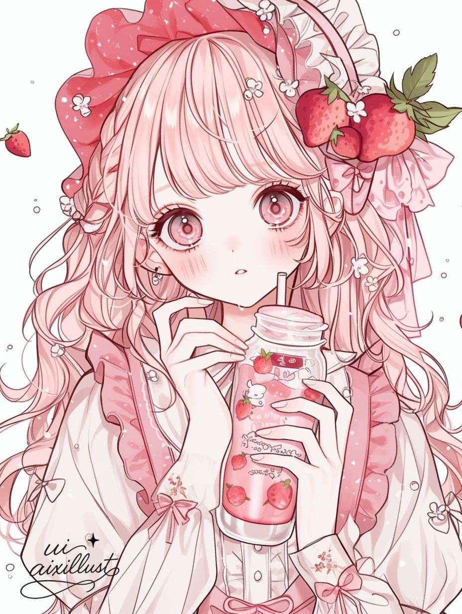 Strawberry milk coquette girl pfp with glowing pink tones for aesthetic social media profiles
