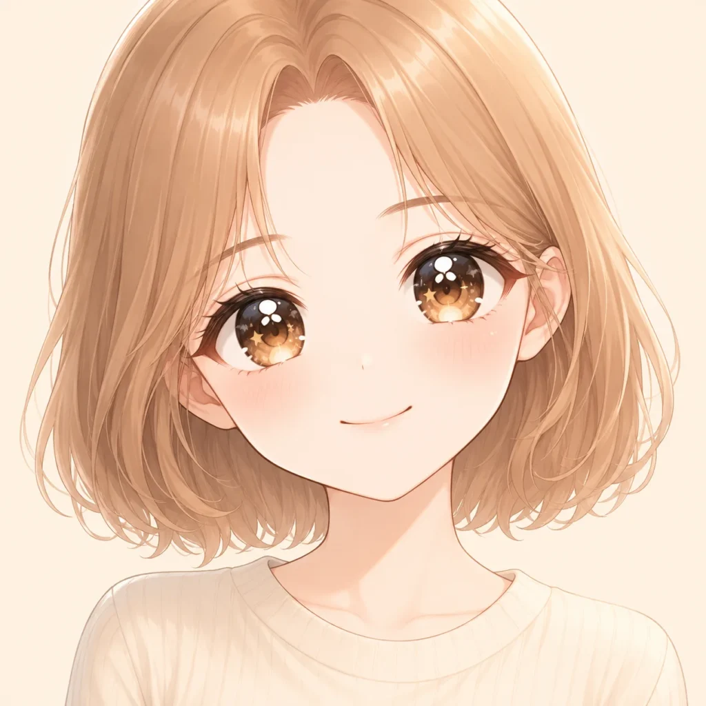 Cute anime girl pfp with sparkle eyes and creamy background for kawaii profile themes
