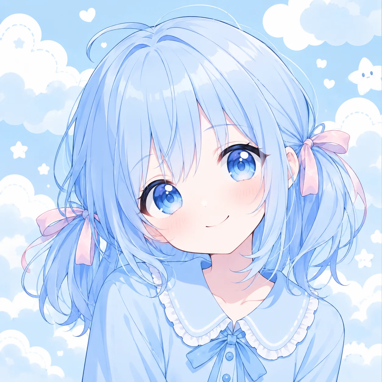 Cute blue anime girl pfp with ribbon details and cloud background for soft aesthetic Discord profiles