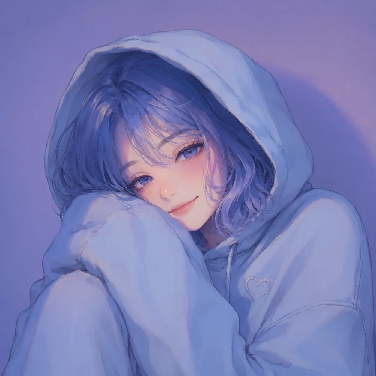 Cute blue pfp with oversized hoodie, lavender shadows, and a cozy mood for Discord and soft aesthetic accounts