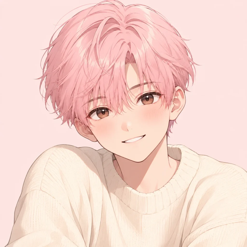 Cute kawaii boy pfp with pink hair and soft sweater for aesthetic profile picture use