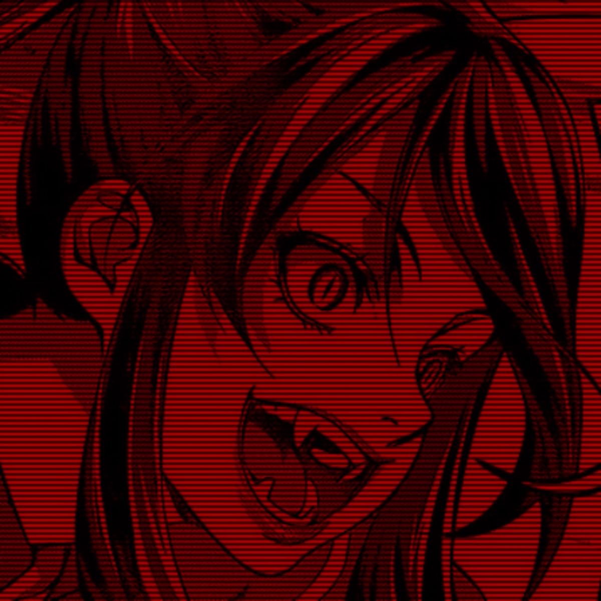 Cute red pfp showing anime girl with crimson eyes and playful vampire smile for edgy cute profiles