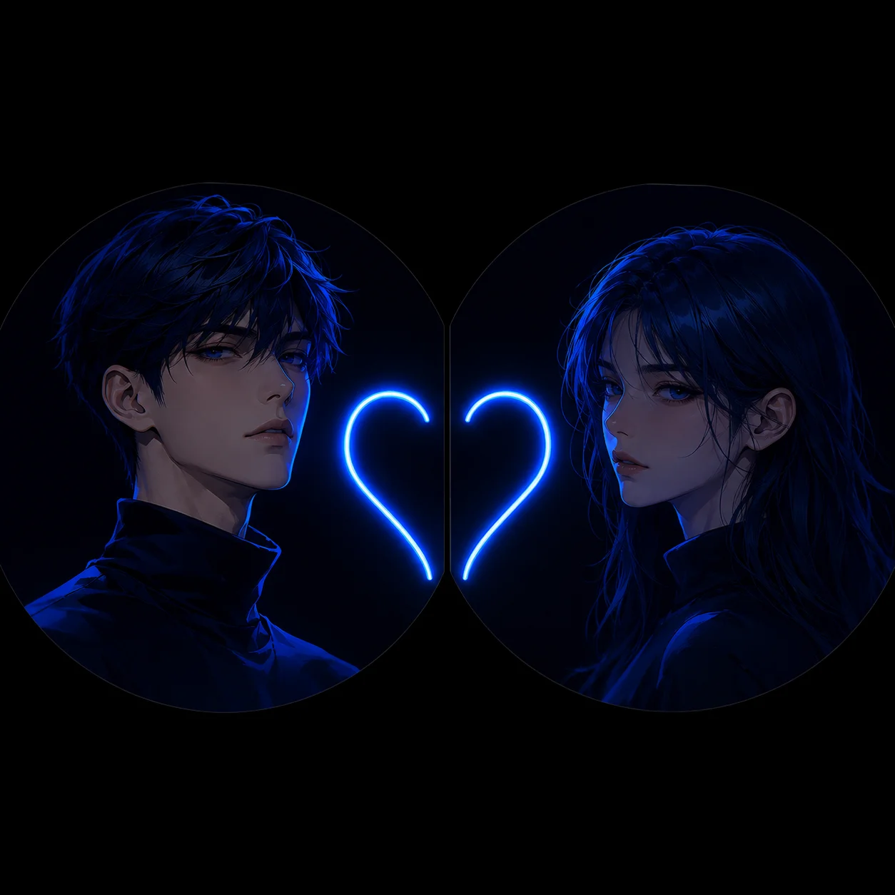 Dark blue matching pfp with half-heart neon effect for couples and aesthetic Discord duo avatars