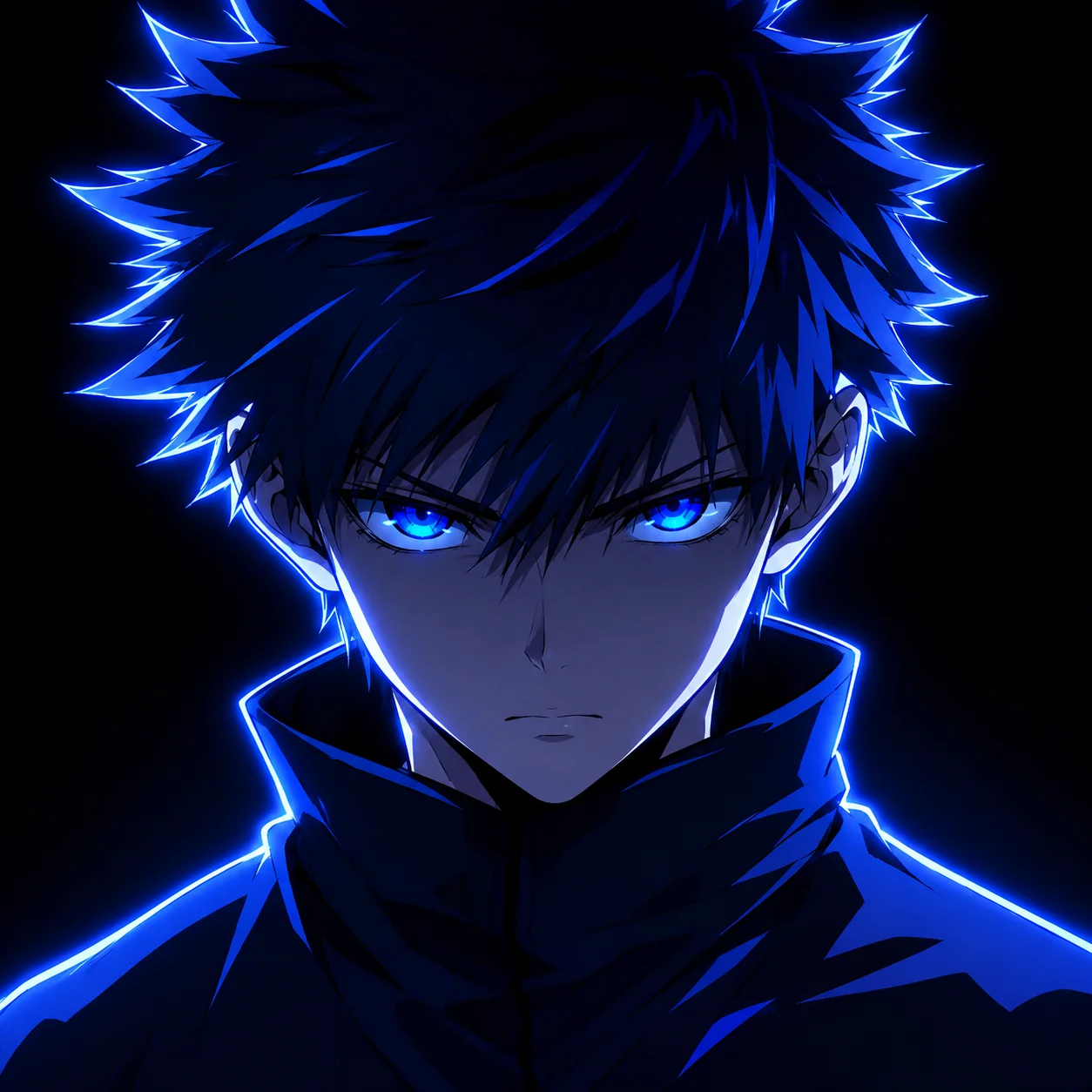 Dark blue anime boy pfp with neon edge lighting and intense eyes for Discord and streamer profiles