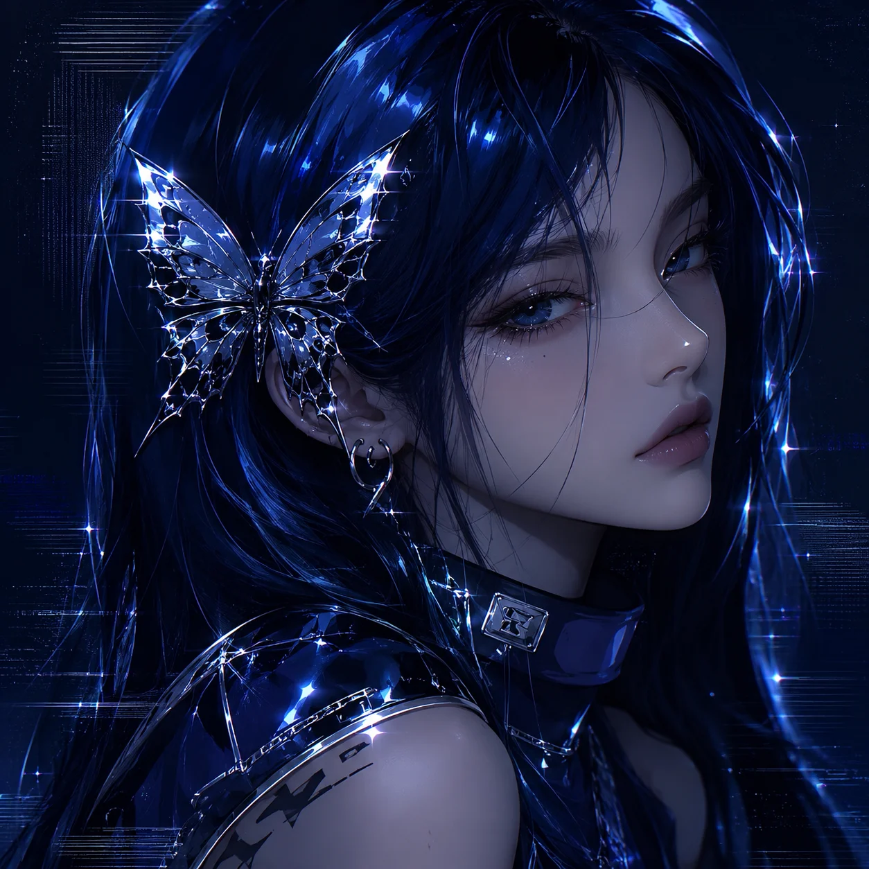 Dark blue Y2K pfp with cyber butterfly effects and moody chrome tones for stylish social avatars