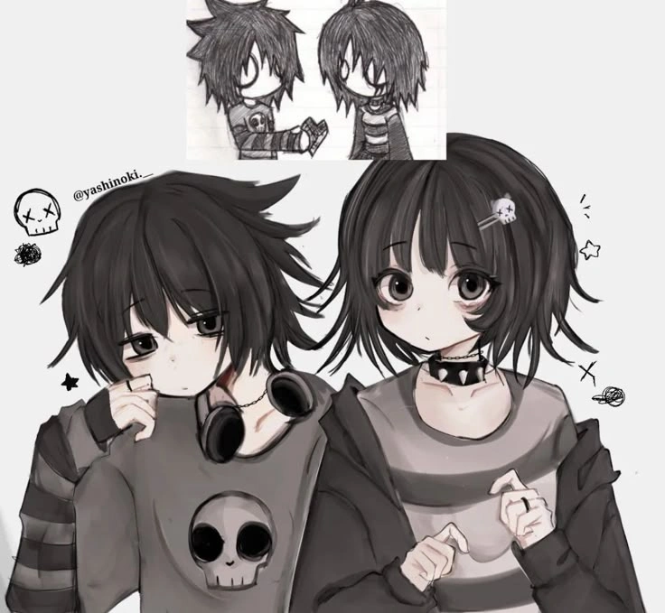 Dark duo avatar set with hoodie and headphones for matching emo Discord profiles
