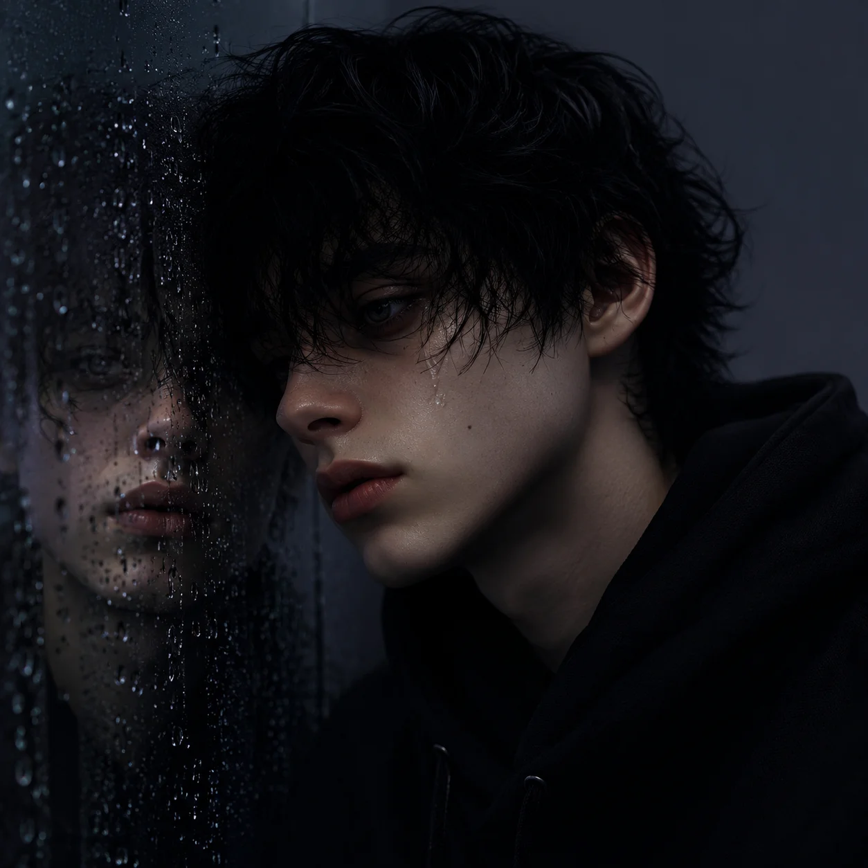 Dark emo avatar in side profile against rainy window for melancholic social media pfp