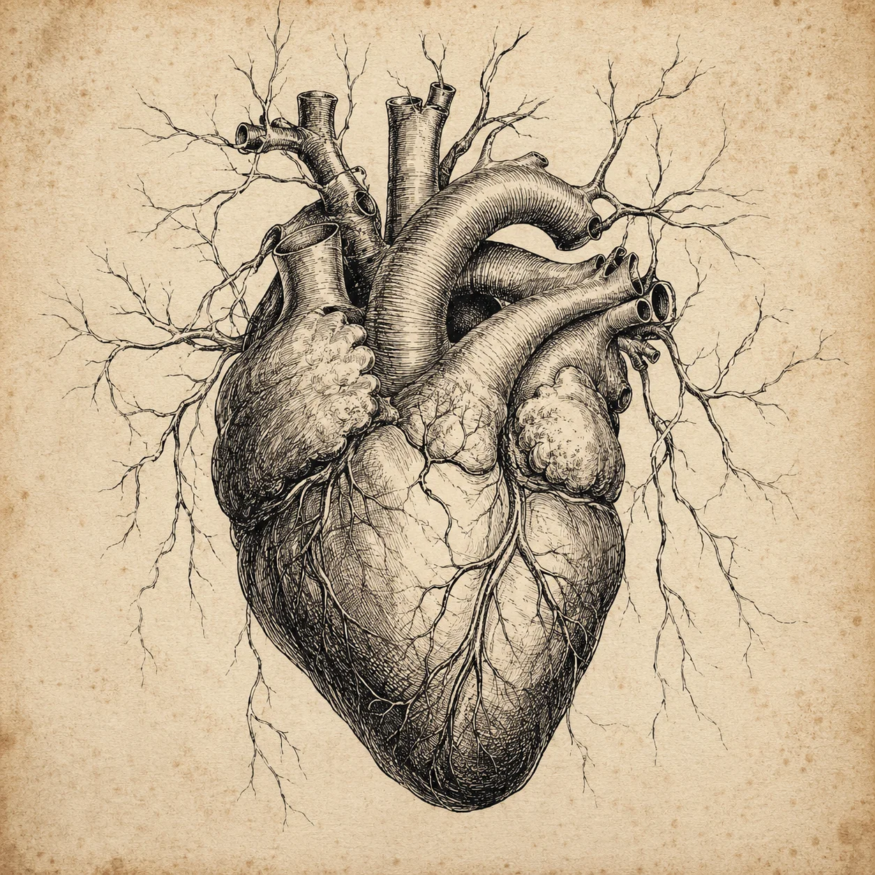 Anatomical heart pfp in black ink line art on off-white paper for grunge dark academia profile pictures (101 characters)