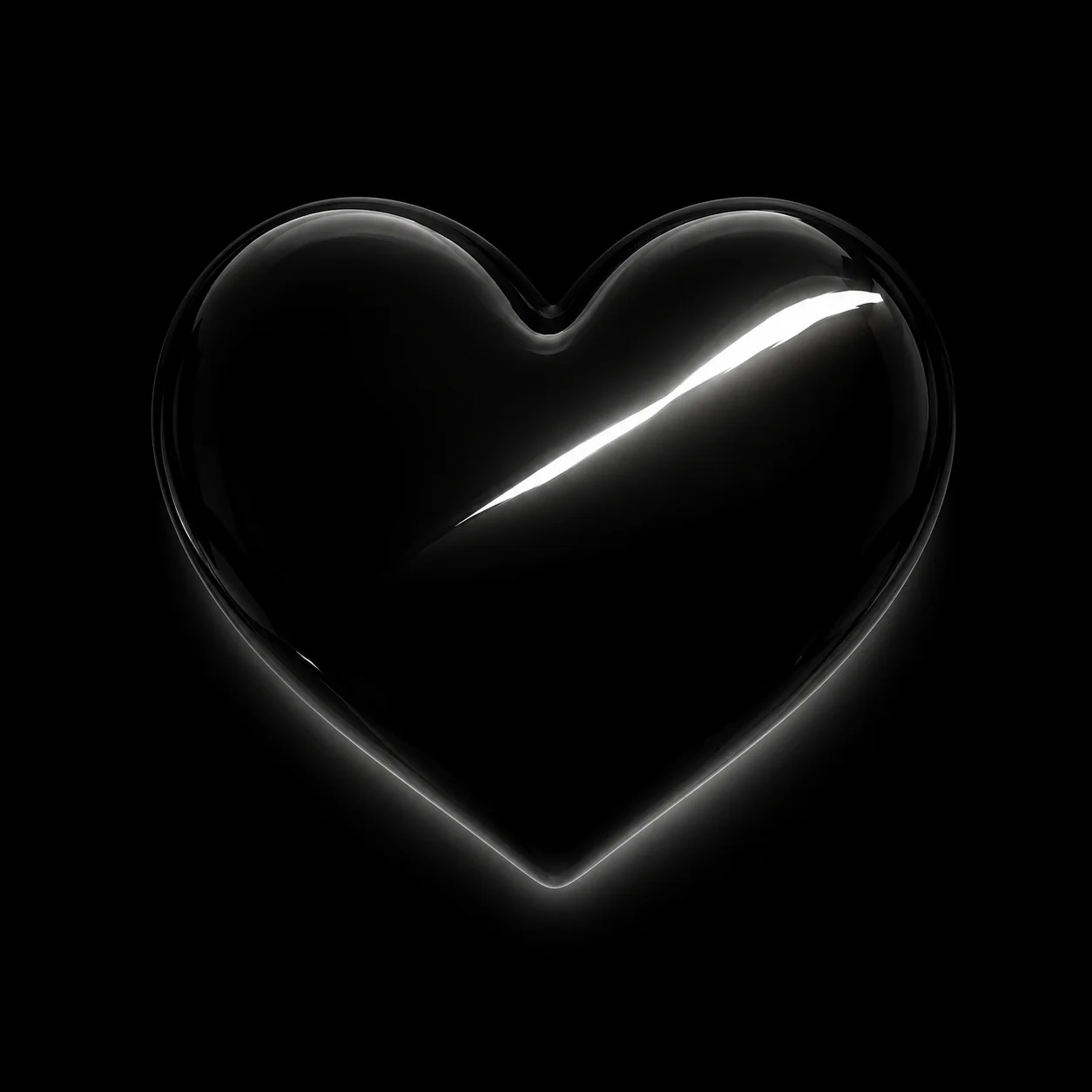 Glossy obsidian black heart profile picture with sharp white reflection streak for mysterious Instagram avatars (109 characters)